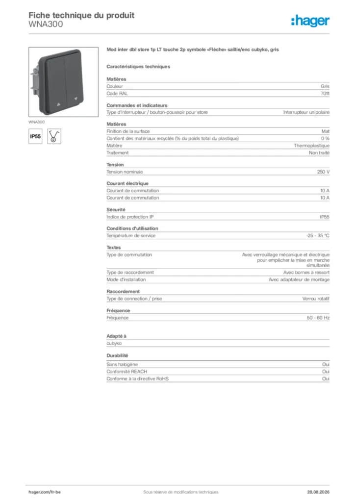 Image Hager Fiche technique du produit WNA300 | Hager Belgique
