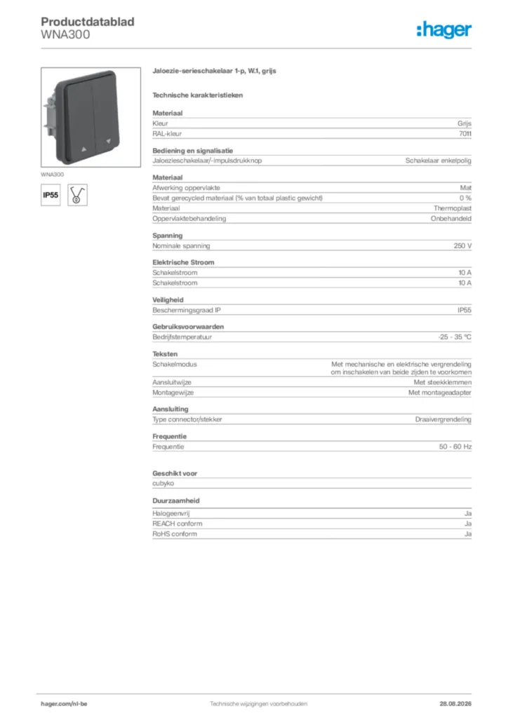 Afbeelding Hager Productdatablad WNA300 | Hager Belgium