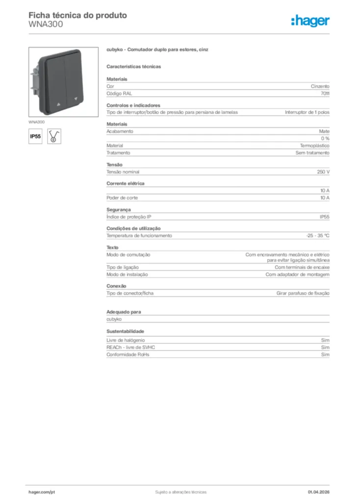 Imagem Hager Ficha técnica do produto WNA300 | Hager Portugal