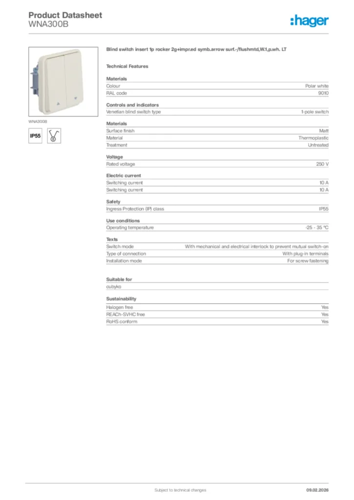 Image Hager Product data sheet WNA300B  | Hager Africa