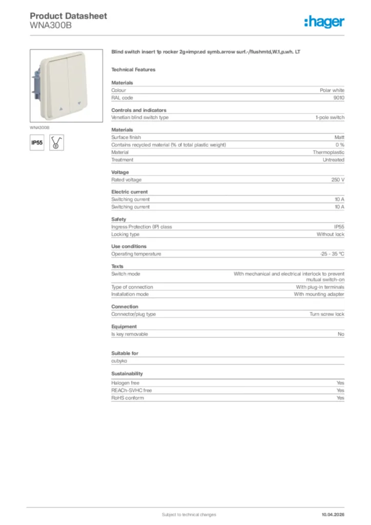 Image Hager Product data sheet WNA300B  | Hager Africa