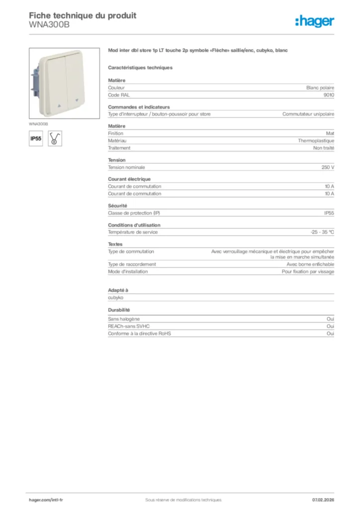 Image Hager Fiche technique du produit WNA300B | Hager Afrique