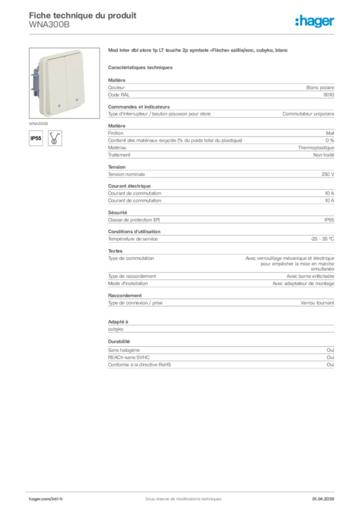 Image Hager Fiche technique du produit WNA300B | Hager Afrique