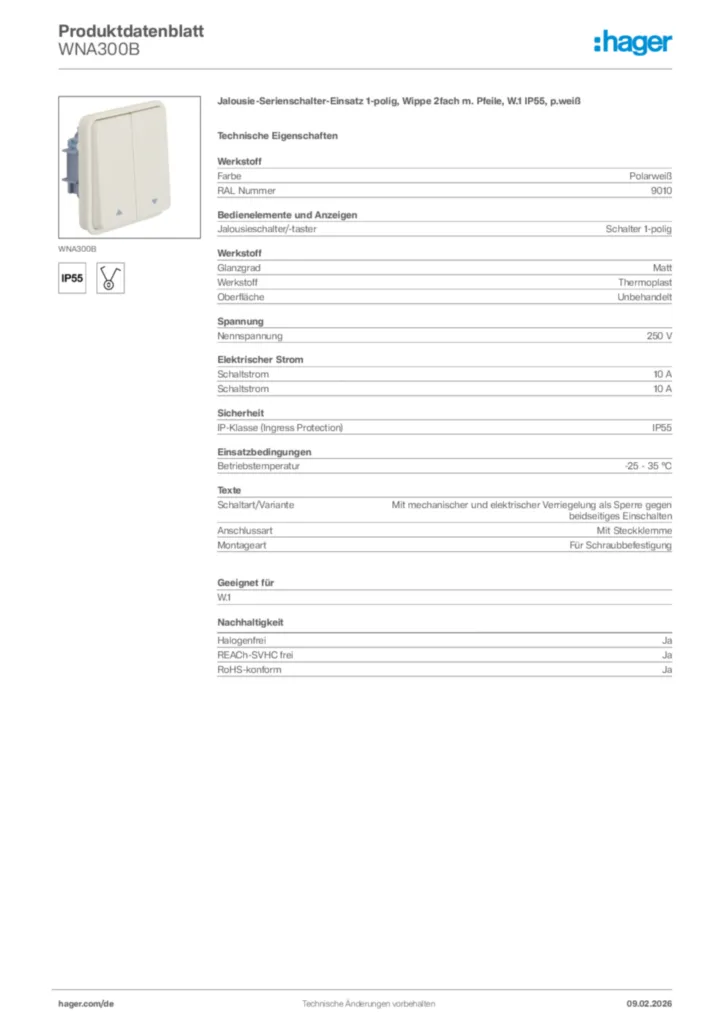 Bild Hager Produktdatenblatt WNA300B | Hager Deutschland