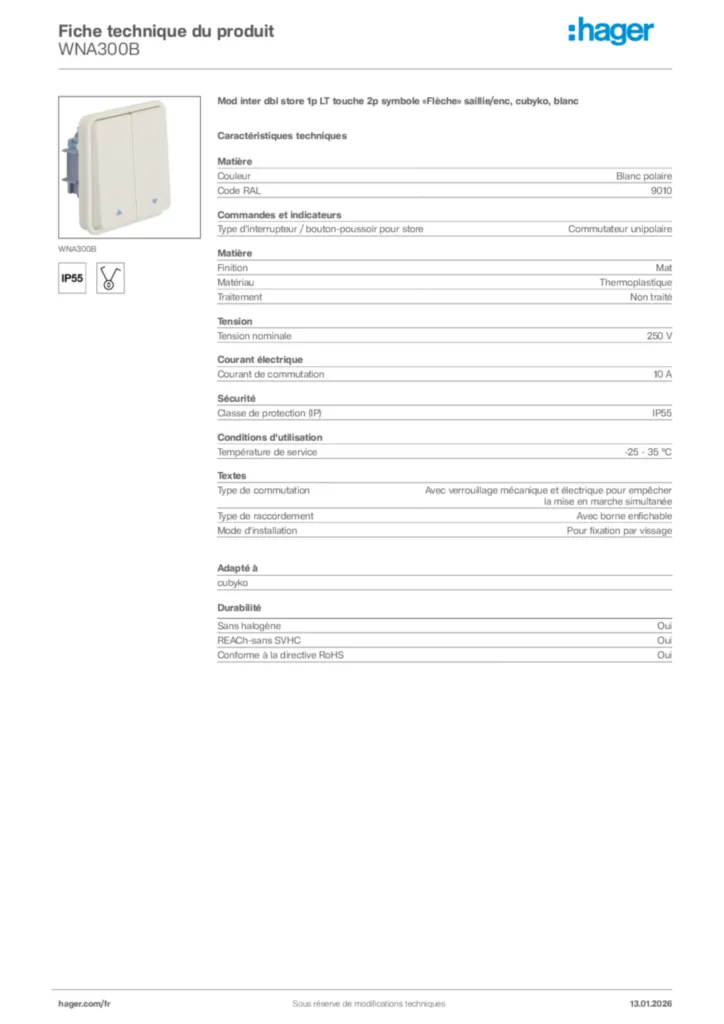 Image Hager Fiche technique du produit WNA300B | Hager France