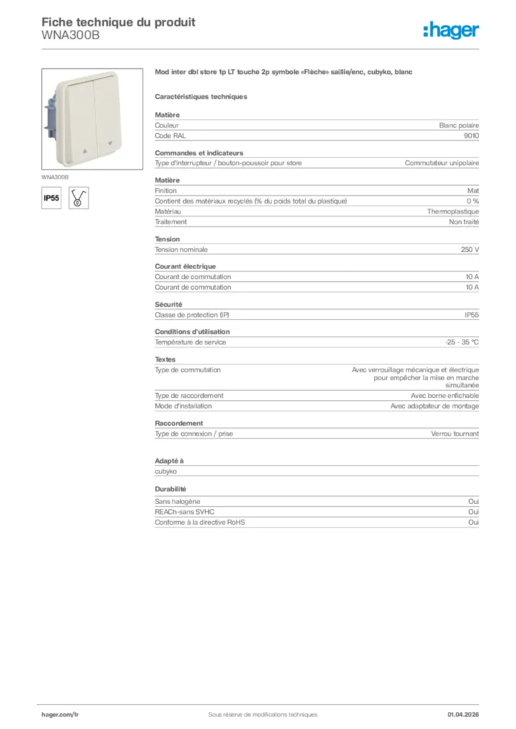 Image Hager Fiche technique du produit WNA300B | Hager France