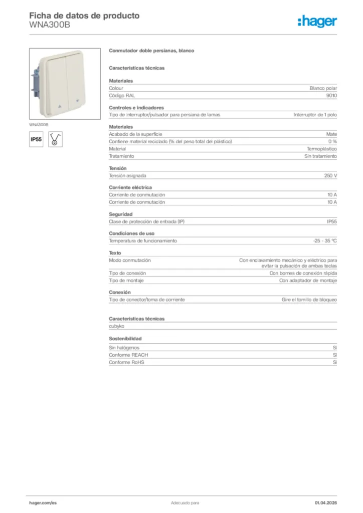 Imagen Hager Ficha de datos de producto WNA300B | Hager España