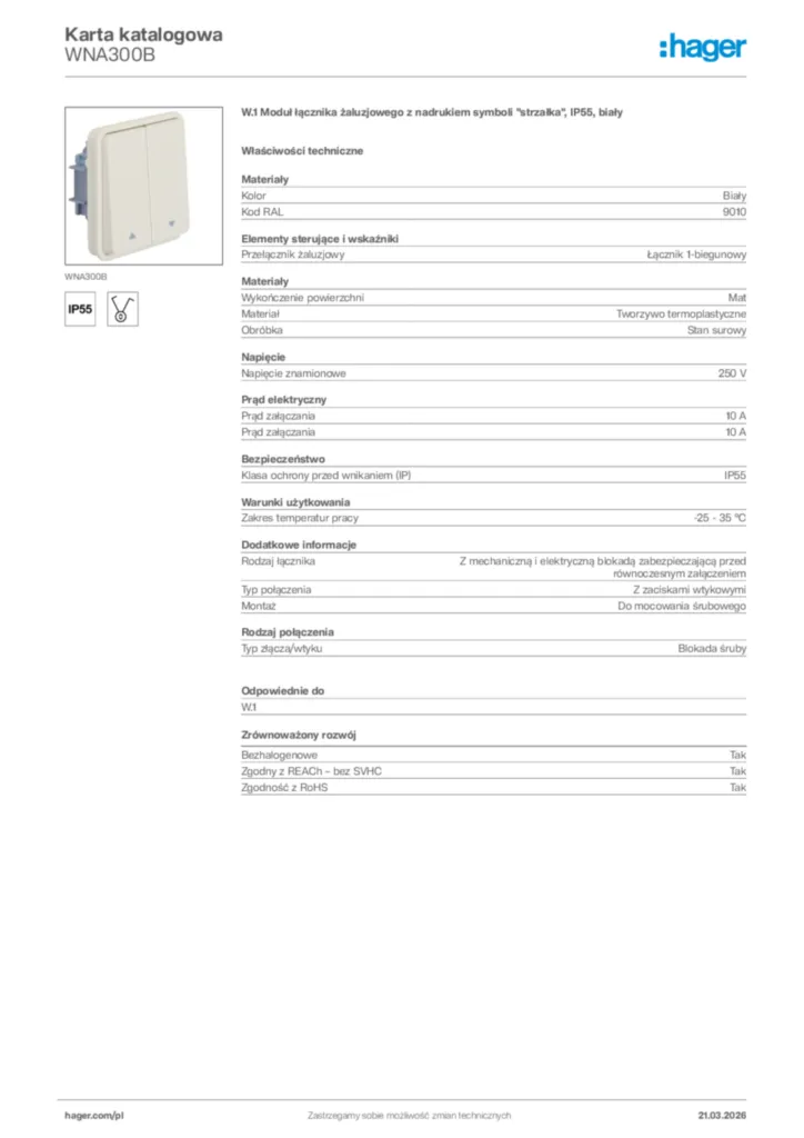 Zdjęcie Hager Karta katalogowa WNA300B | Hager Polska