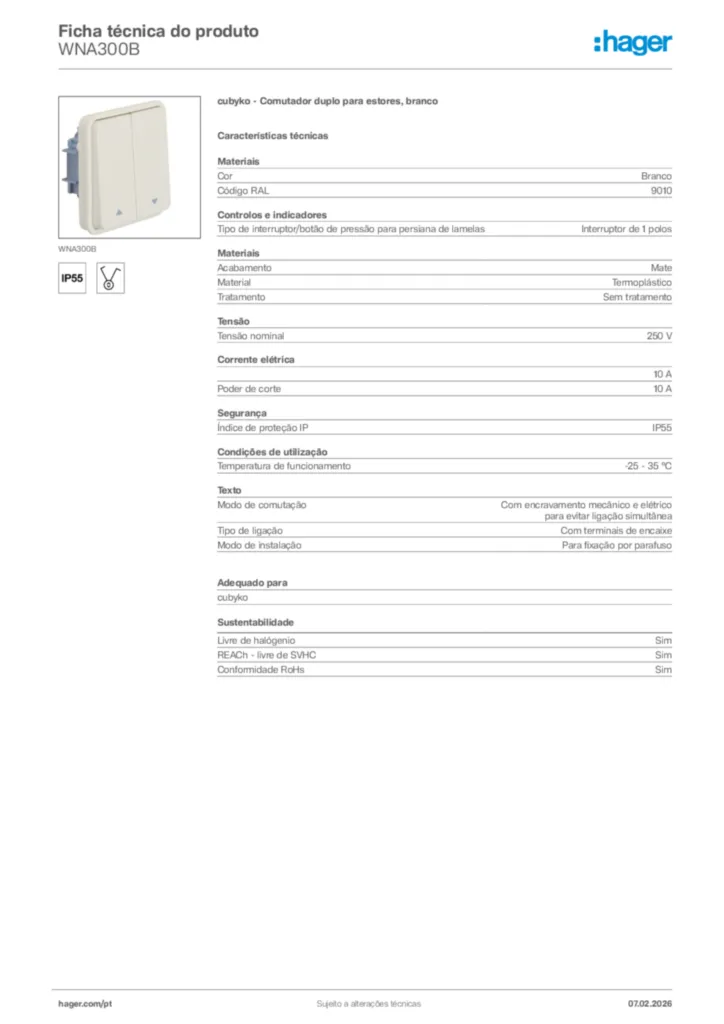 Imagem Hager Ficha técnica do produto WNA300B | Hager Portugal