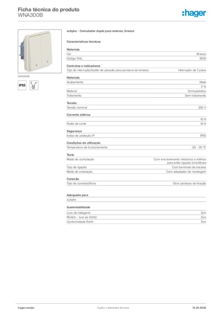 Imagem Hager Ficha técnica do produto WNA300B | Hager Portugal