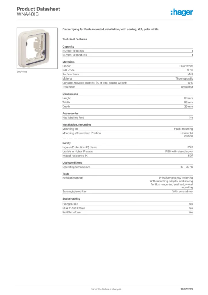 Image Hager Product data sheet WNA401B  | Hager Africa