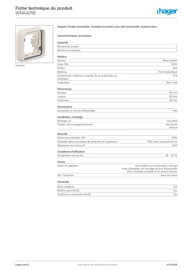 Image Hager Fiche technique du produit WNA401B | Hager France