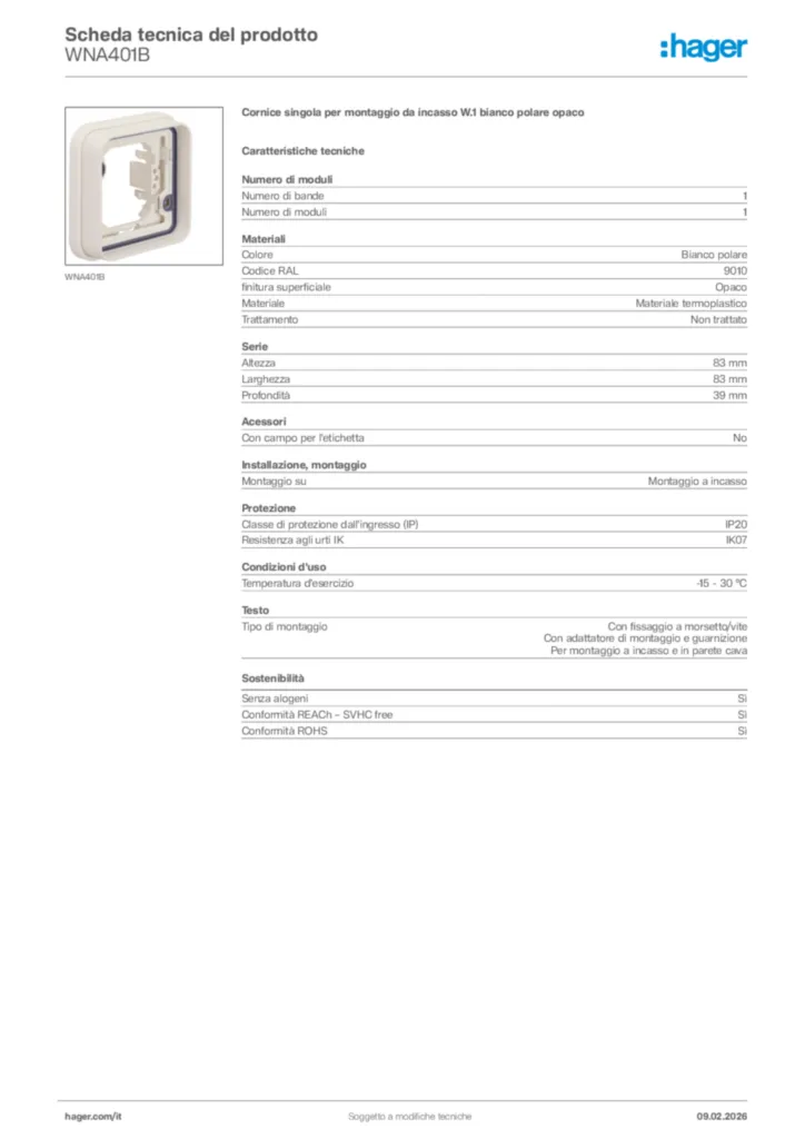 Immagine Hager Scheda tecnica del prodotto WNA401B | Hager Italia