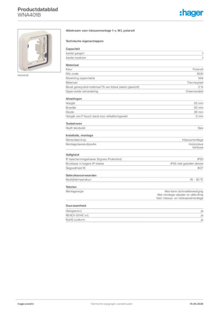 Afbeelding Hager Productdatablad WNA401B | Hager Nederland