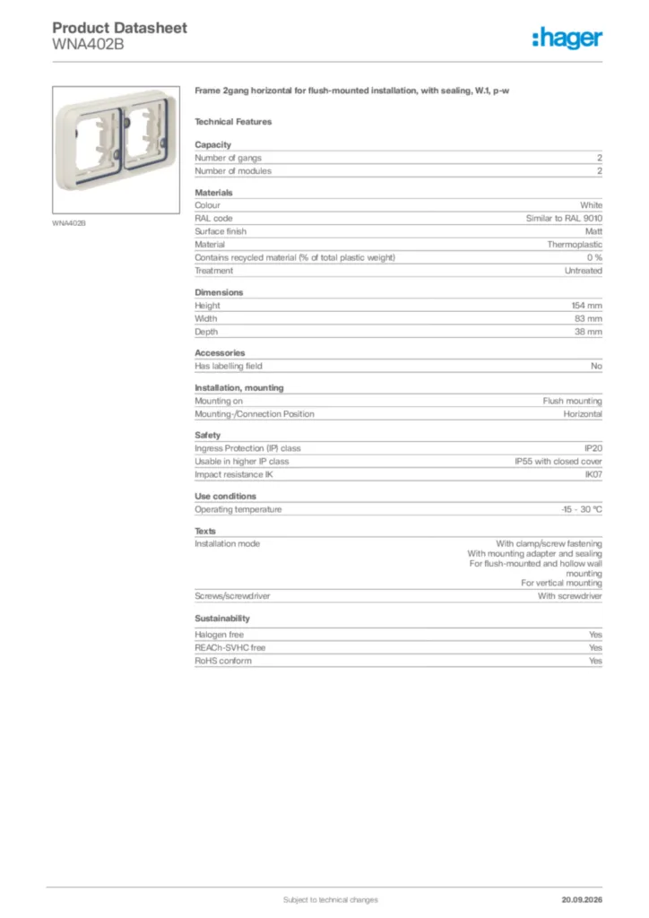 Image Hager Product data sheet WNA402B  | Hager Africa