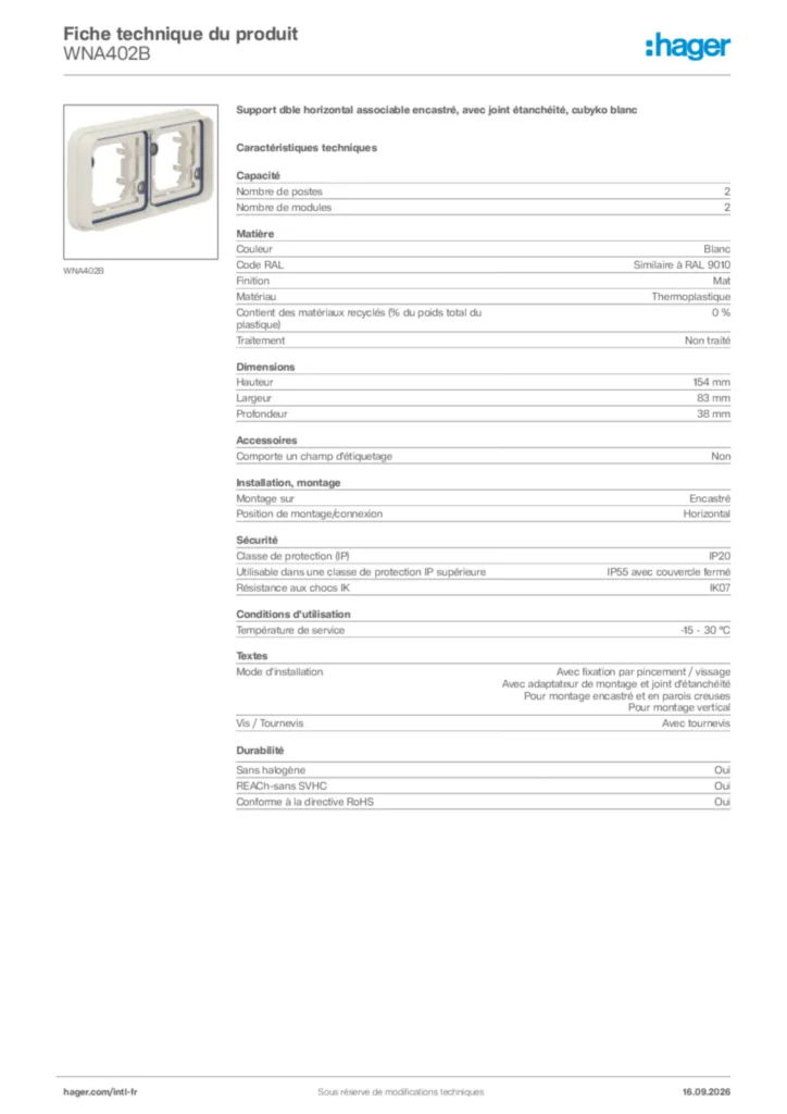 Image Hager Fiche technique du produit WNA402B | Hager Afrique