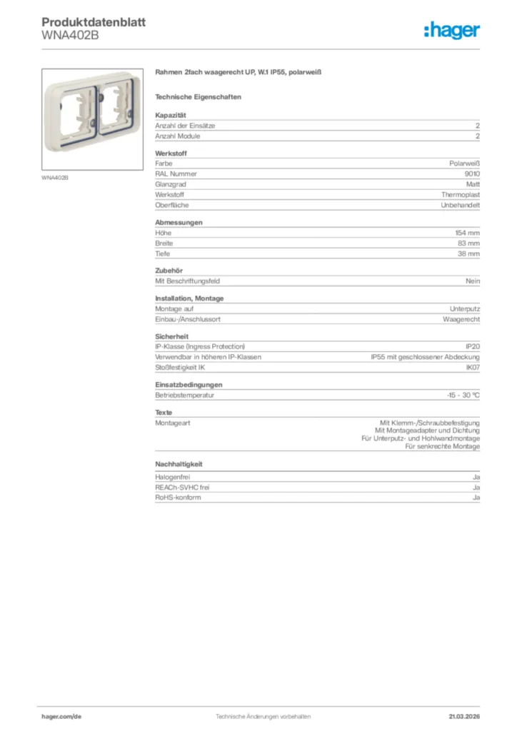 Bild Hager Produktdatenblatt WNA402B | Hager Deutschland