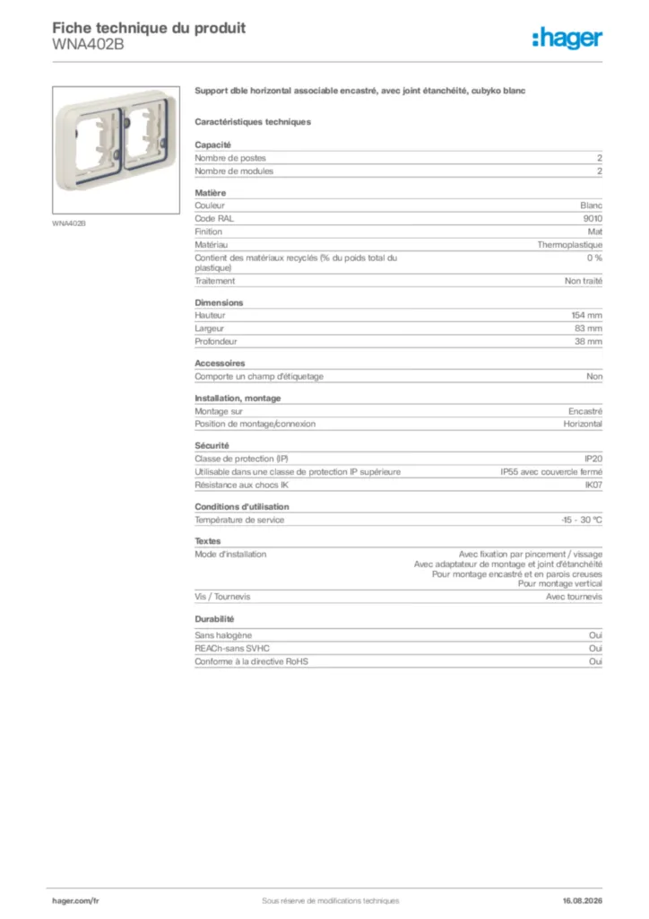Image Hager Fiche technique du produit WNA402B | Hager France