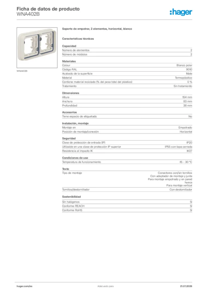 Imagen Hager Ficha de datos de producto WNA402B | Hager España