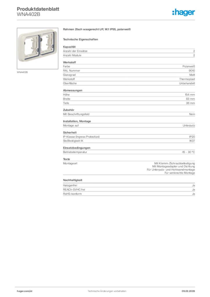 Bild Hager Produktdatenblatt WNA402B | Hager Deutschland