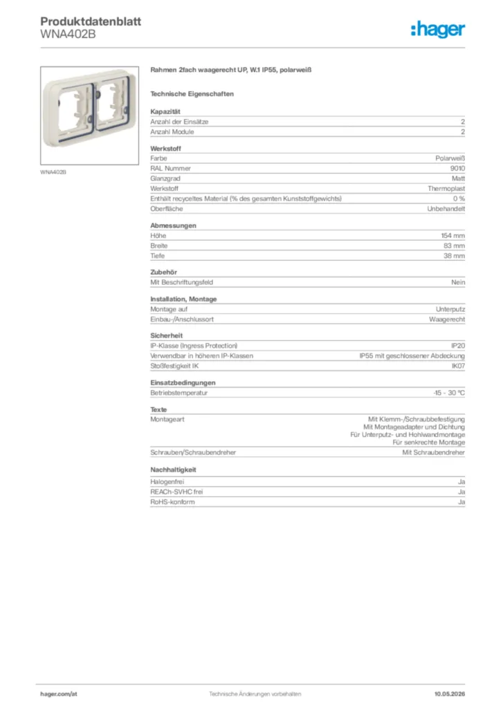 Bild Hager Produktdatenblatt WNA402B | Hager Deutschland
