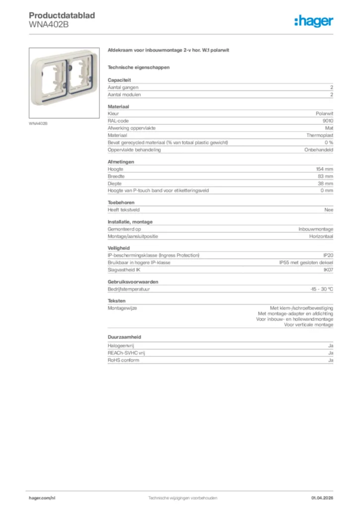 Afbeelding Hager Productdatablad WNA402B | Hager Nederland