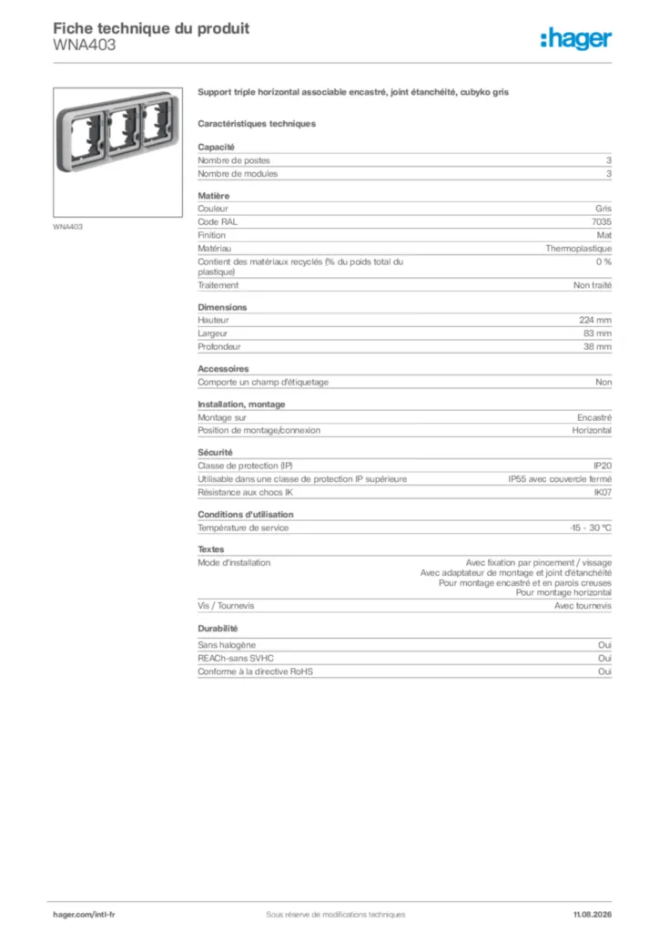 Image Hager Fiche technique du produit WNA403 | Hager Afrique