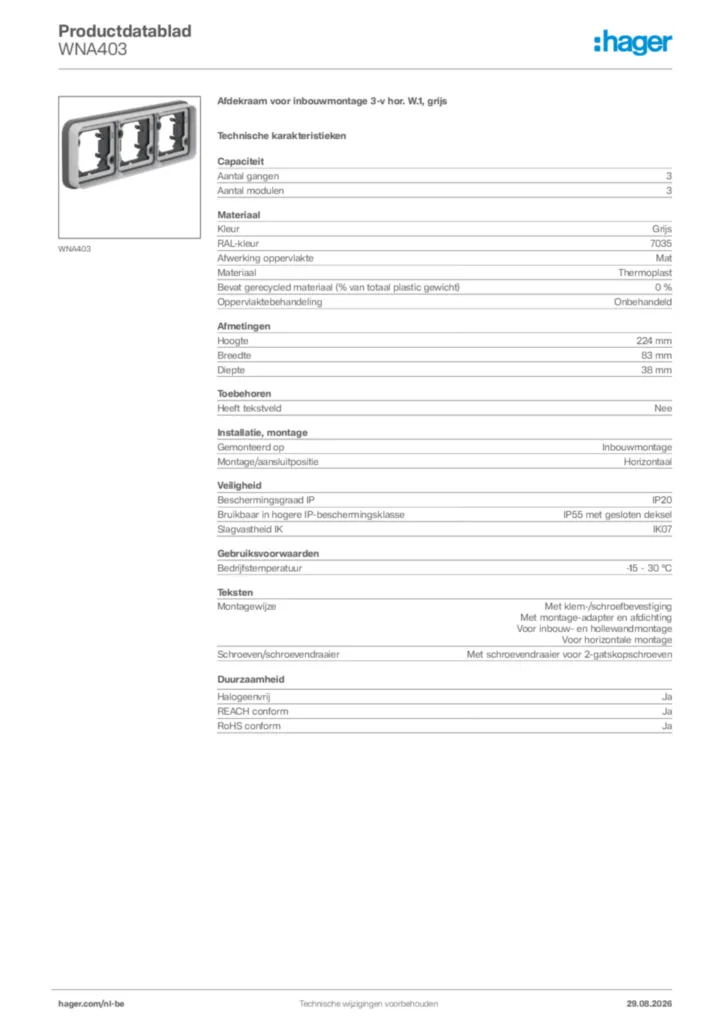 Afbeelding Hager Productdatablad WNA403 | Hager Belgium