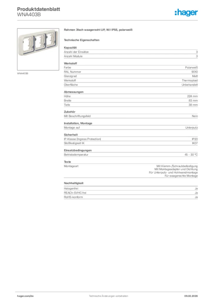 Bild Hager Produktdatenblatt WNA403B | Hager Deutschland