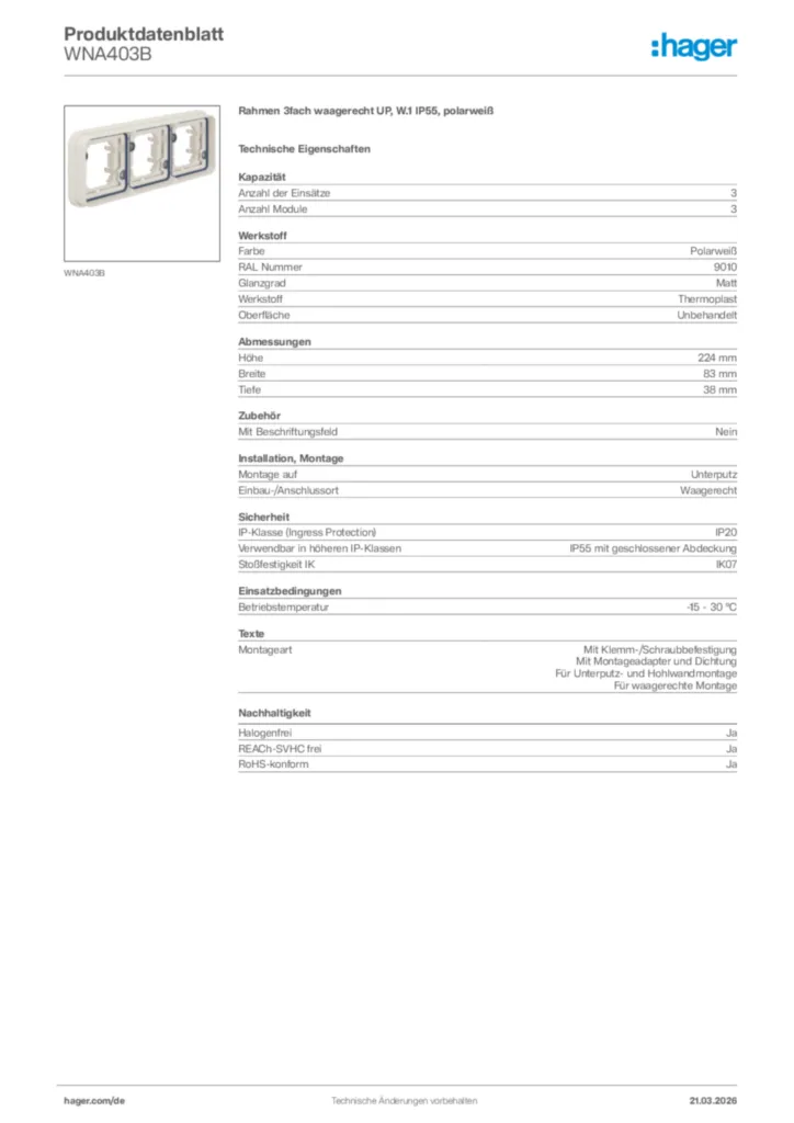 Bild Hager Produktdatenblatt WNA403B | Hager Deutschland