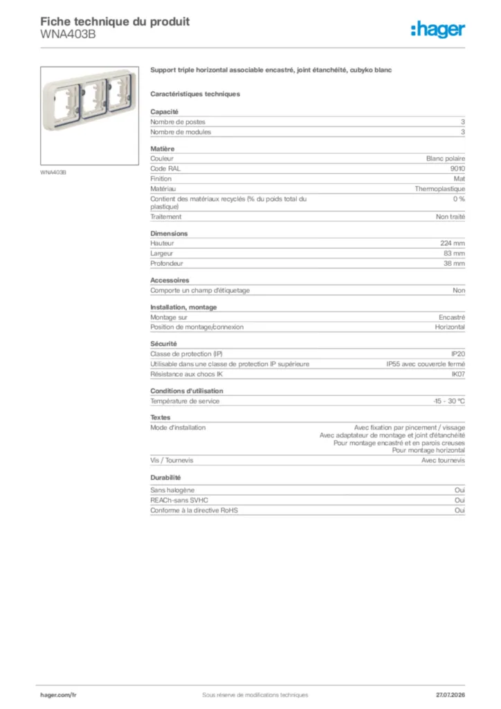 Image Hager Fiche technique du produit WNA403B | Hager France