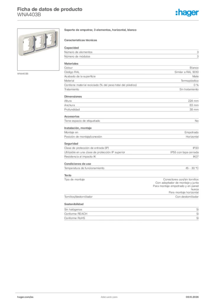Imagen Hager Ficha de datos de producto WNA403B | Hager España
