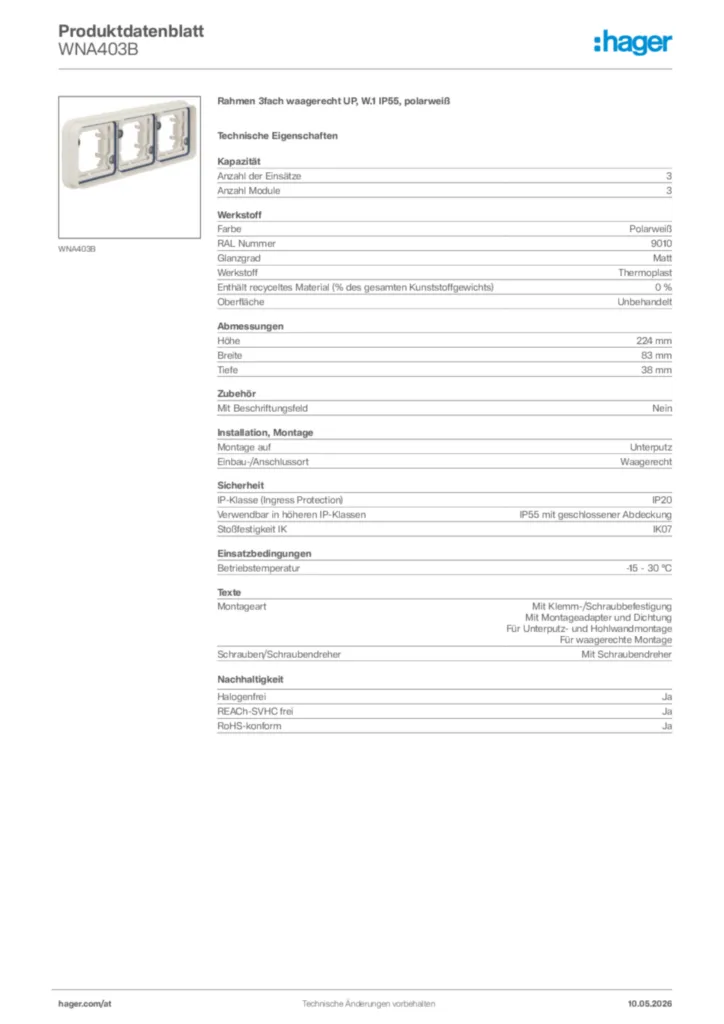 Bild Hager Produktdatenblatt WNA403B | Hager Deutschland