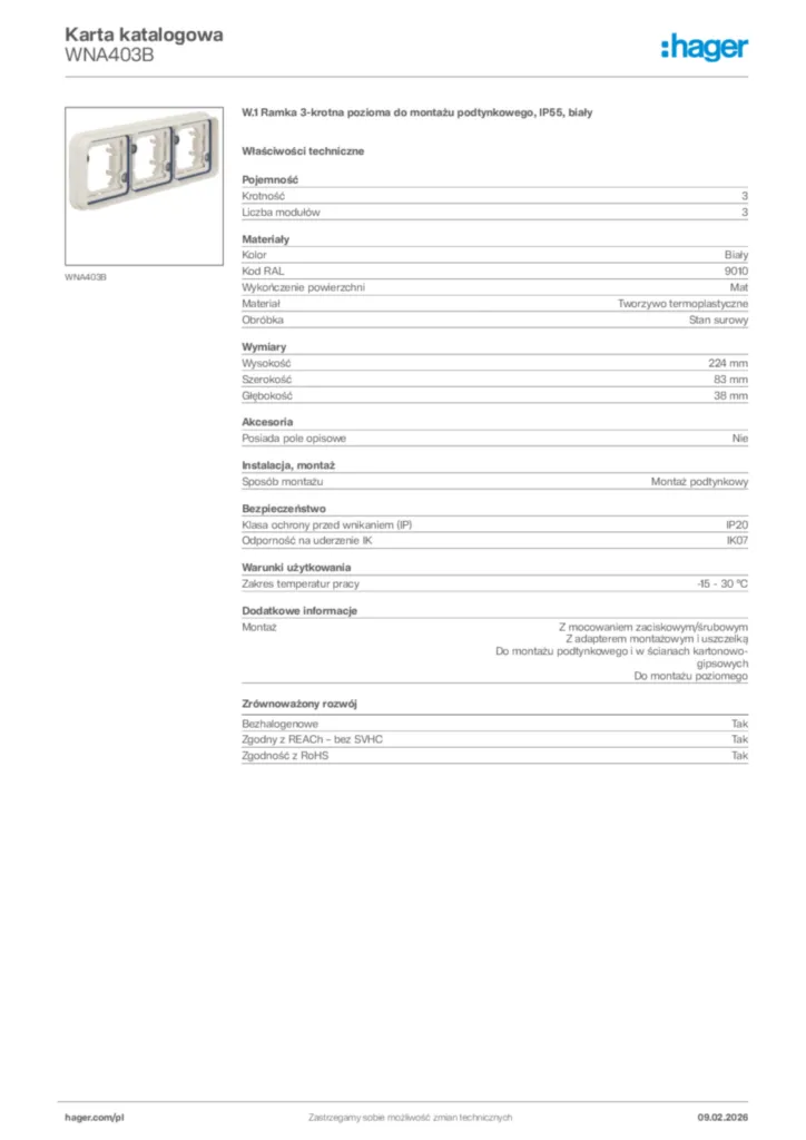 Zdjęcie Hager Karta katalogowa WNA403B | Hager Polska