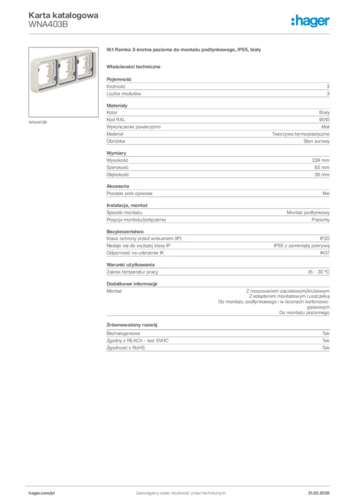 Zdjęcie Hager Karta katalogowa WNA403B | Hager Polska