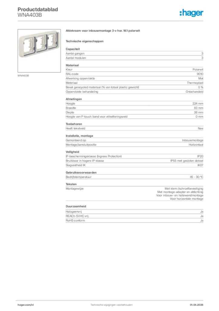 Afbeelding Hager Productdatablad WNA403B | Hager Nederland