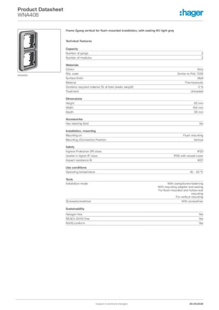Image Hager Product data sheet WNA408  | Hager Africa