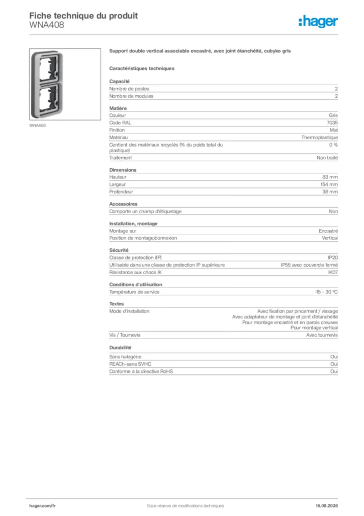 Image Hager Fiche technique du produit WNA408 | Hager France