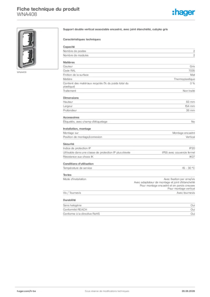 Image Hager Fiche technique du produit WNA408 | Hager Belgique