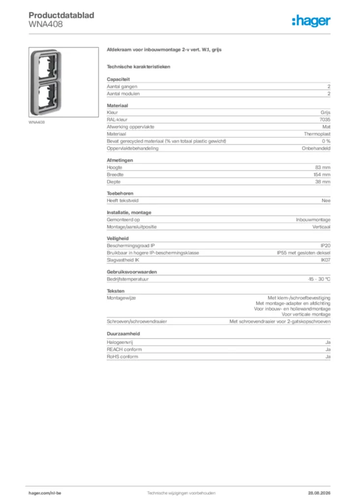 Afbeelding Hager Productdatablad WNA408 | Hager Belgium