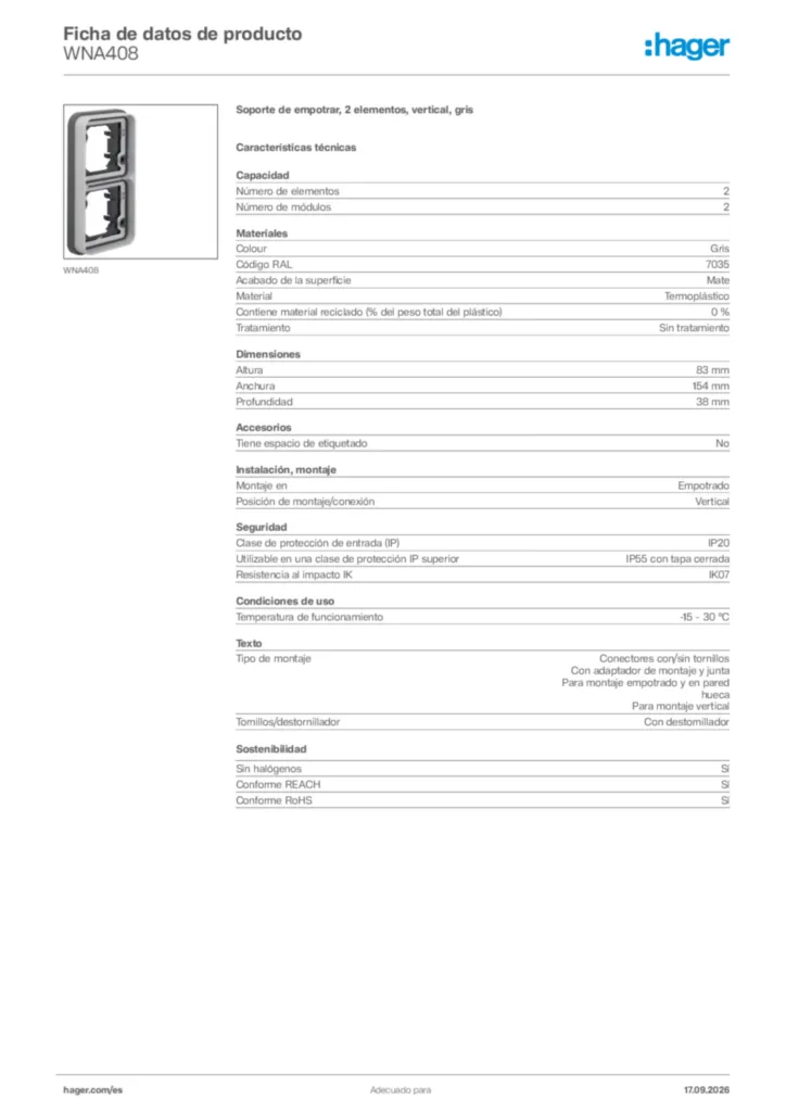 Imagen Hager Ficha de datos de producto WNA408 | Hager España