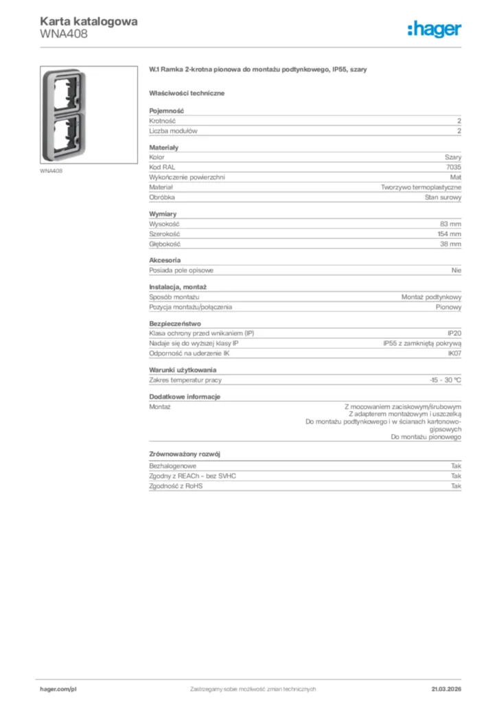 Zdjęcie Hager Karta katalogowa WNA408 | Hager Polska