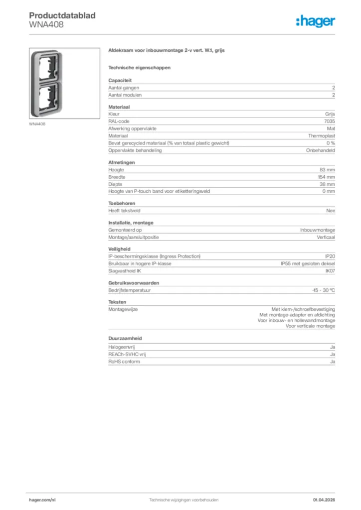 Afbeelding Hager Productdatablad WNA408 | Hager Nederland
