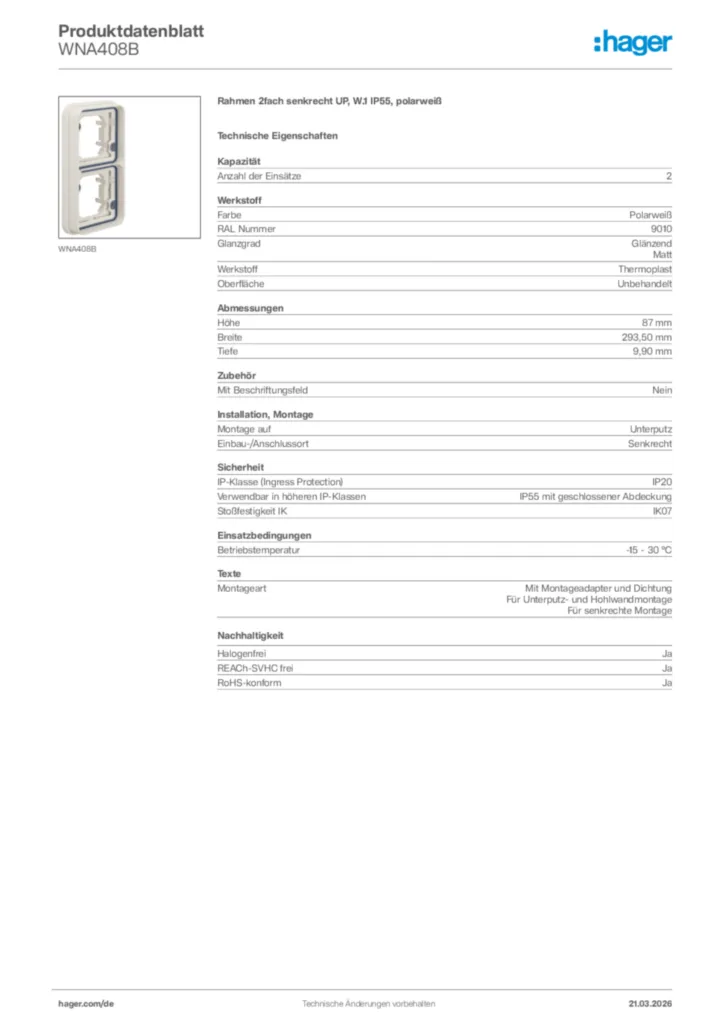 Bild Hager Produktdatenblatt WNA408B | Hager Deutschland