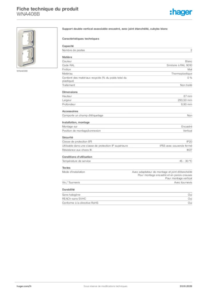 Image Hager Fiche technique du produit WNA408B | Hager France