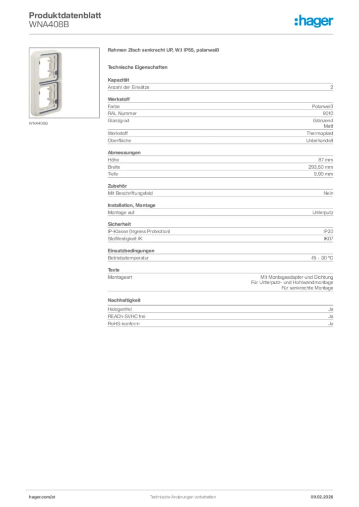 Bild Hager Produktdatenblatt WNA408B | Hager Deutschland