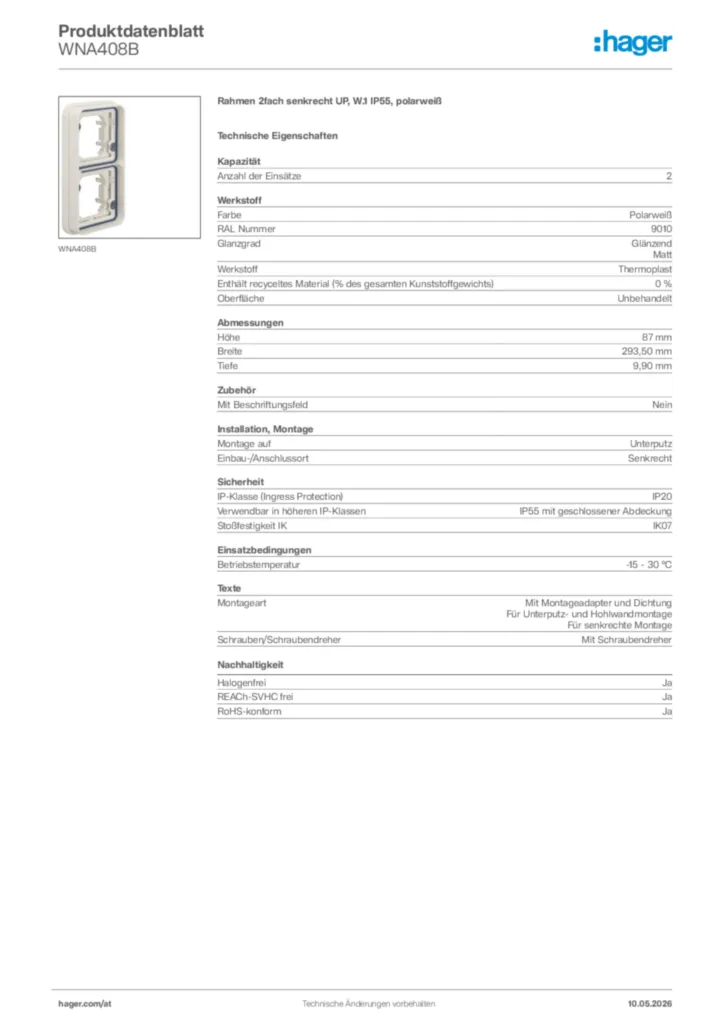 Bild Hager Produktdatenblatt WNA408B | Hager Deutschland