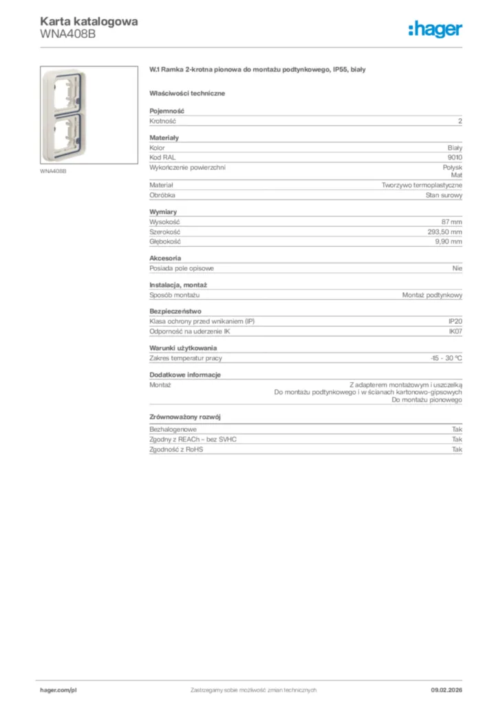 Zdjęcie Hager Karta katalogowa WNA408B | Hager Polska