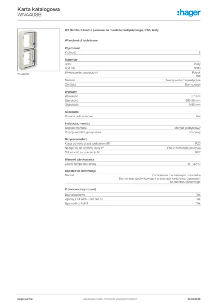 Zdjęcie Hager Karta katalogowa WNA408B | Hager Polska