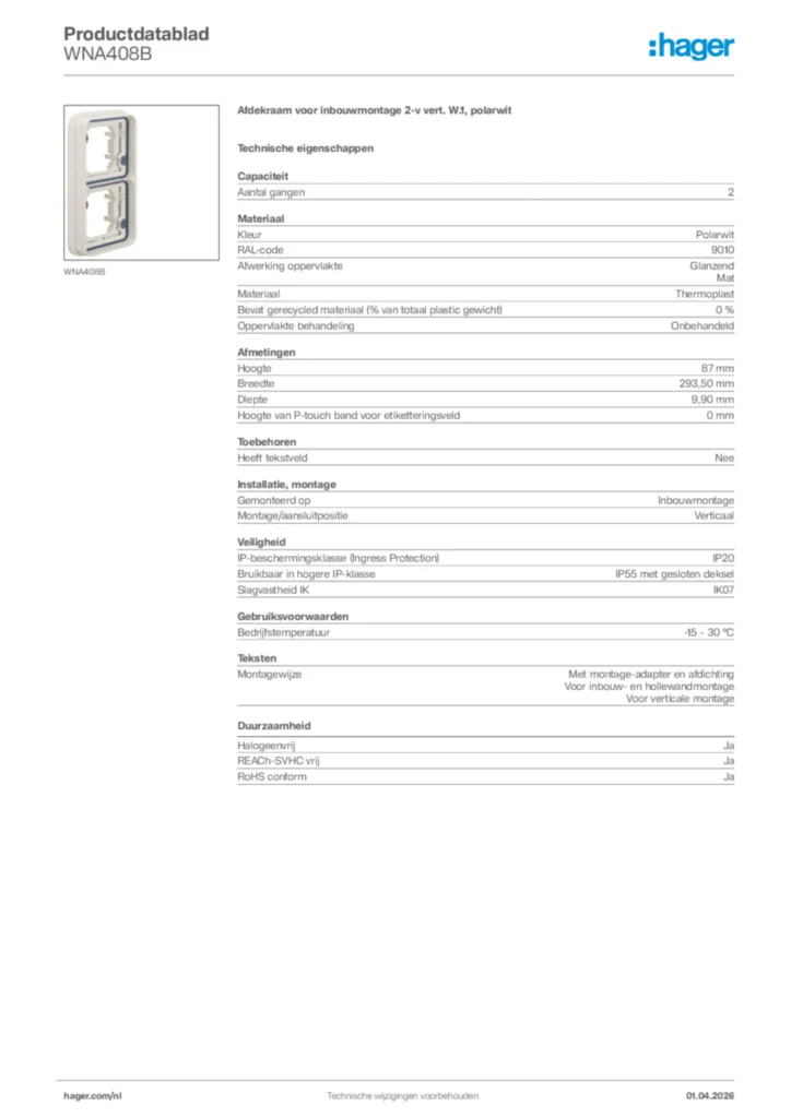 Afbeelding Hager Productdatablad WNA408B | Hager Nederland